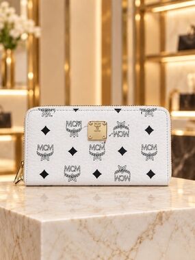 White Logo Zip-Around Continental Wallet with Gold Plaque
